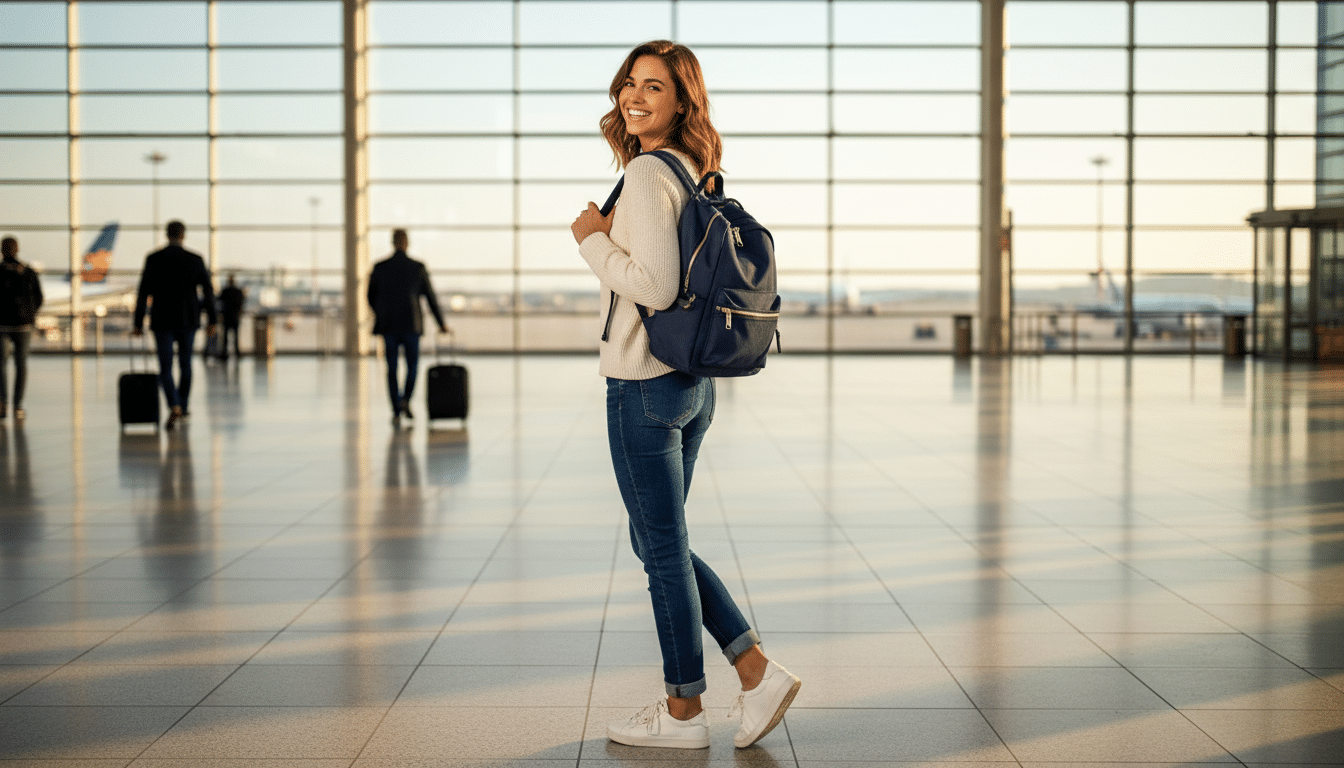 Femme souriante à l'aéroport avec sac à dos cabine