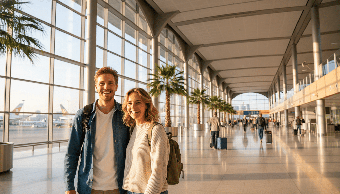 Couple à l'aéroport avec bagages cabine compacts