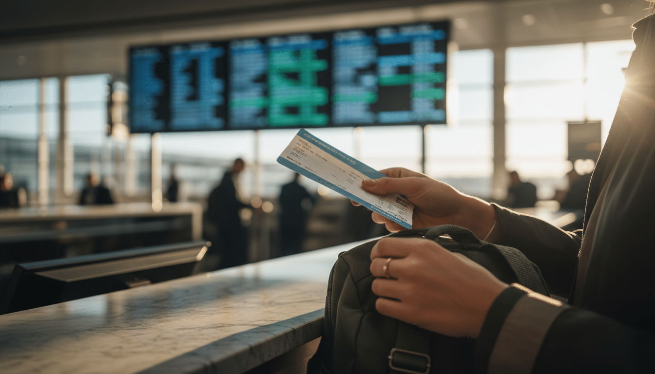 Mains tenant carte d'embarquement et sac à dos voyage