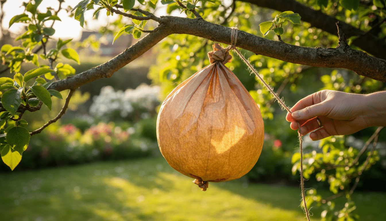 Sac en papier kraft suspendu à une branche d'arbre
