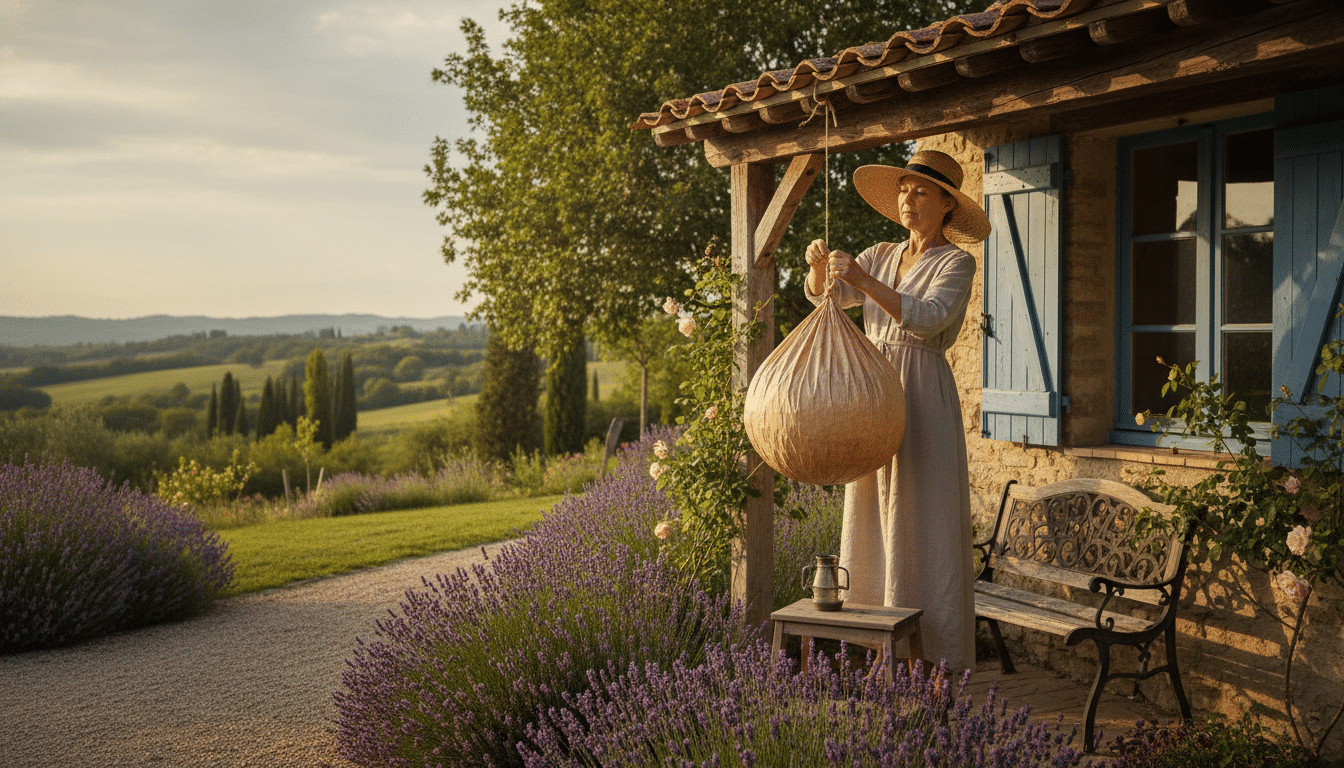 Femme installant un faux nid sous un auvent de cabanon
