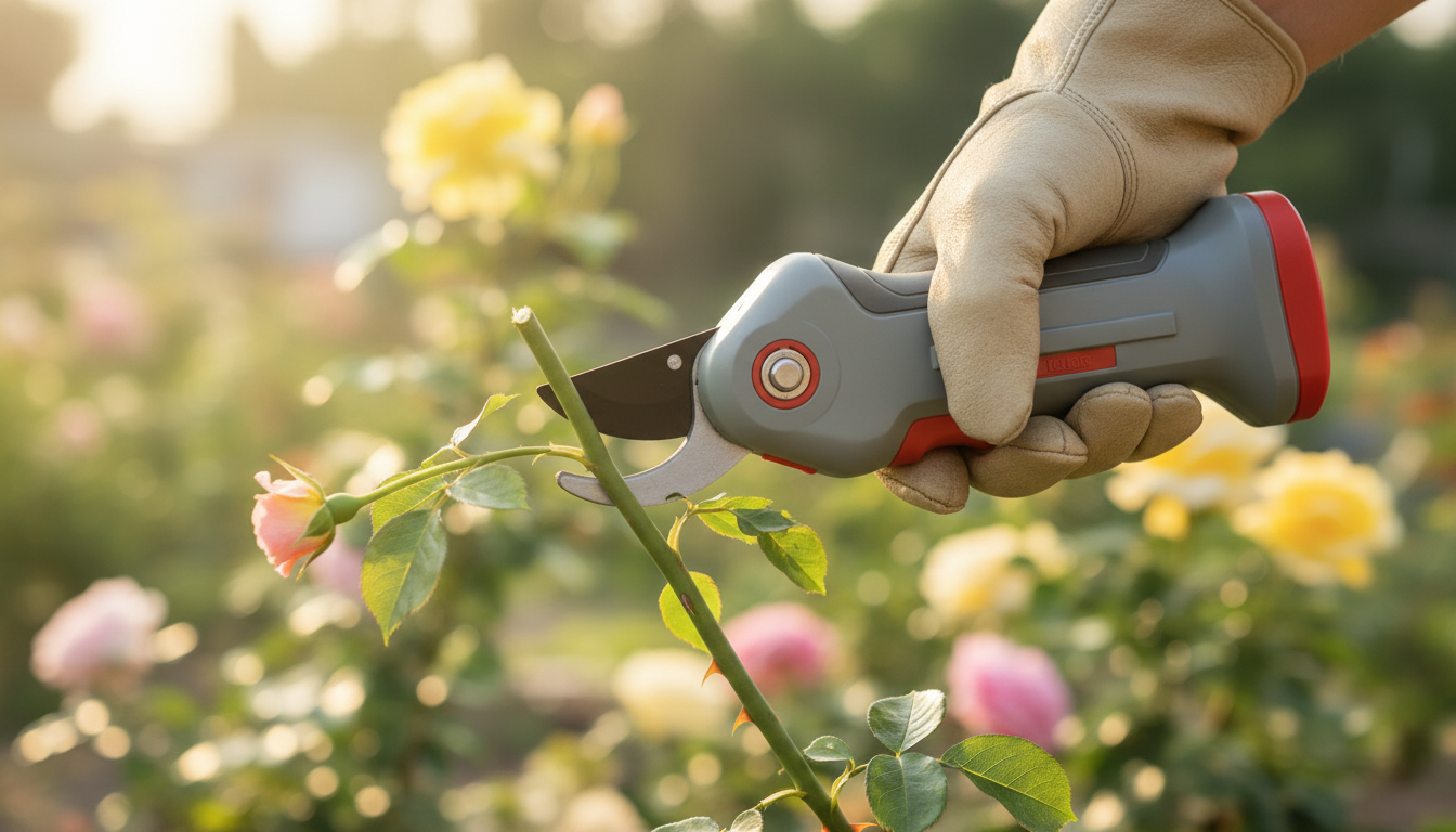 Sécateur électrique coupant une branche de rosier