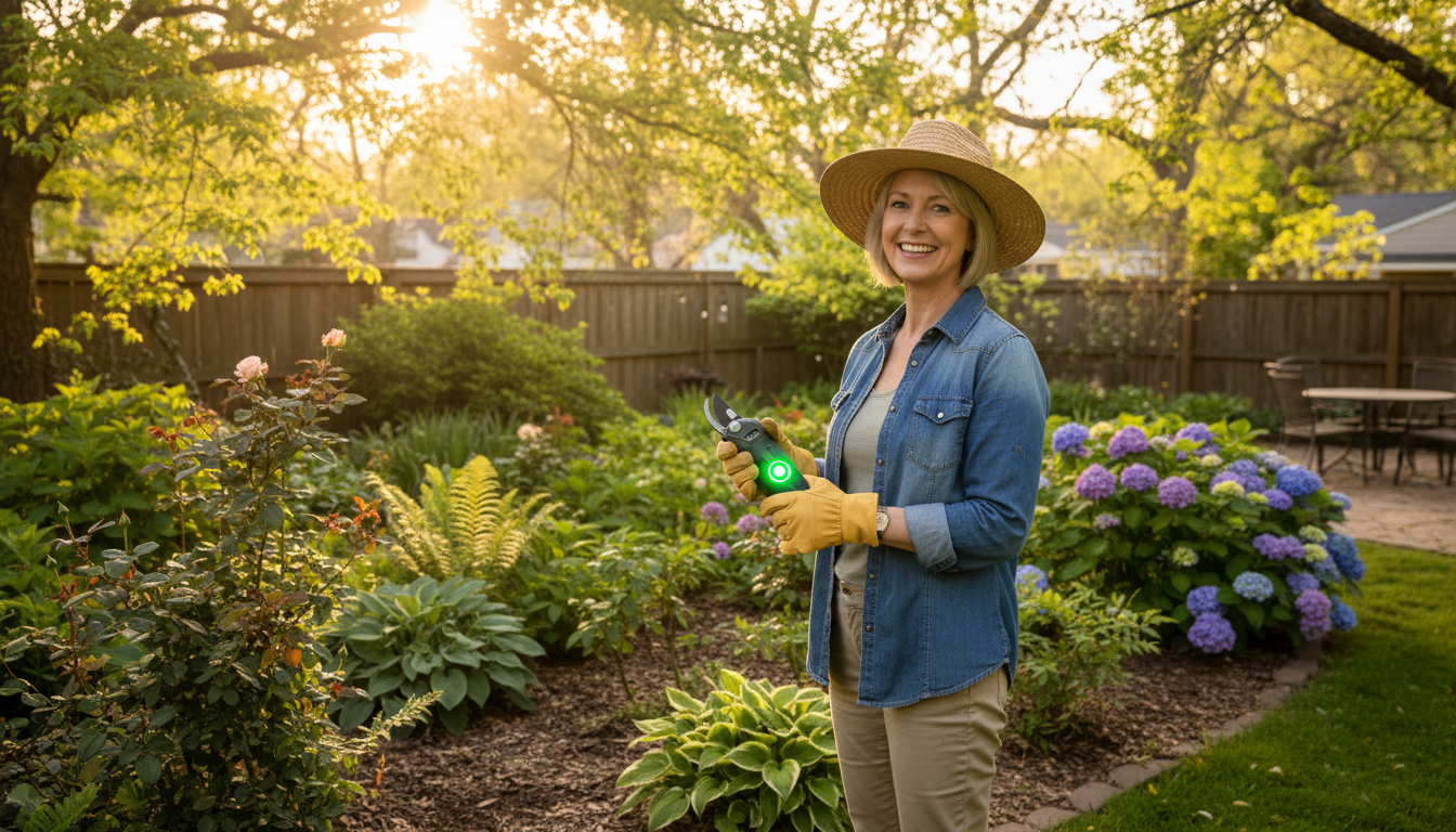 Jardinière utilisant un sécateur électrique sans fil