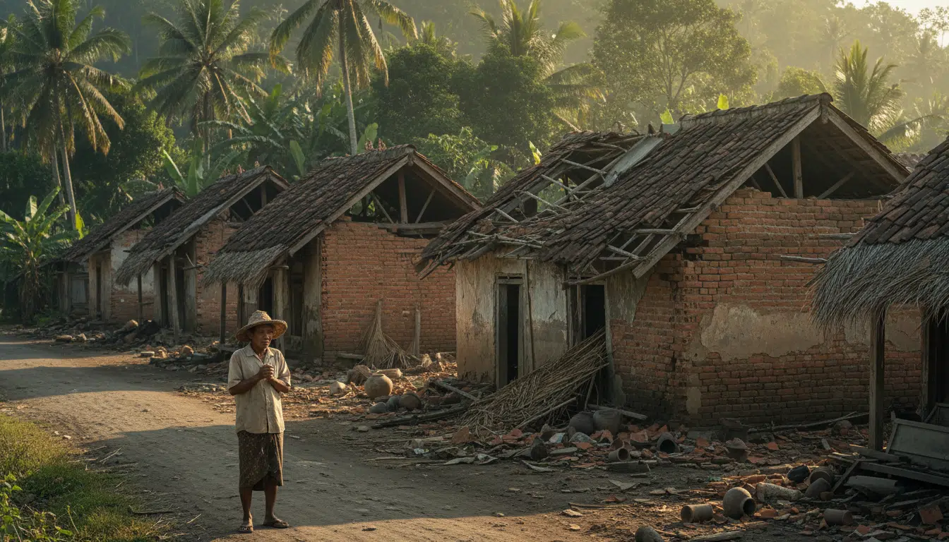 Maisons endommagées dans un village d'Adonara