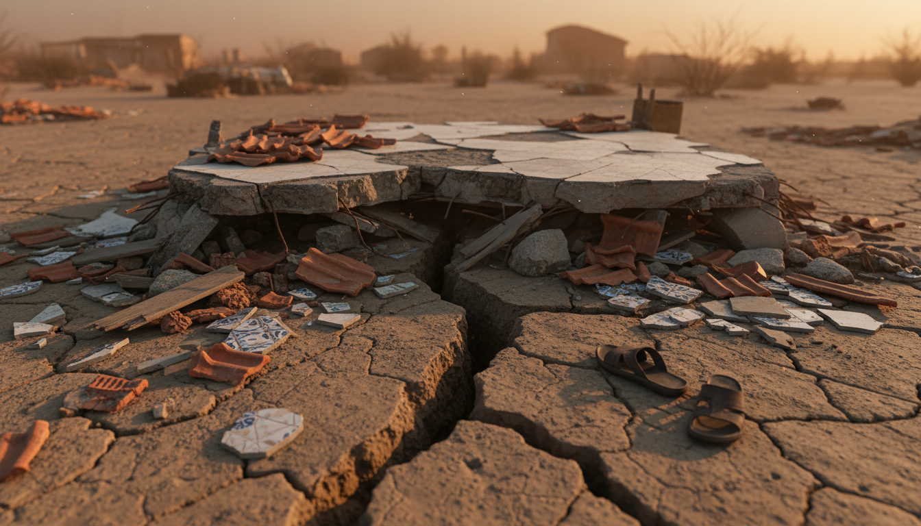 Sol fissuré et fondation endommagée après le séisme