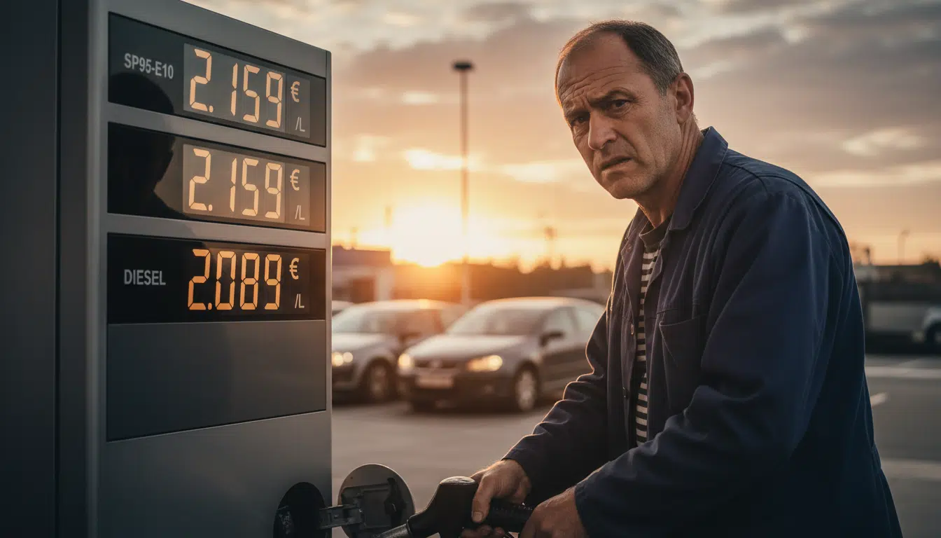 Automobiliste inquiet devant un afficheur de prix de carburant élevé