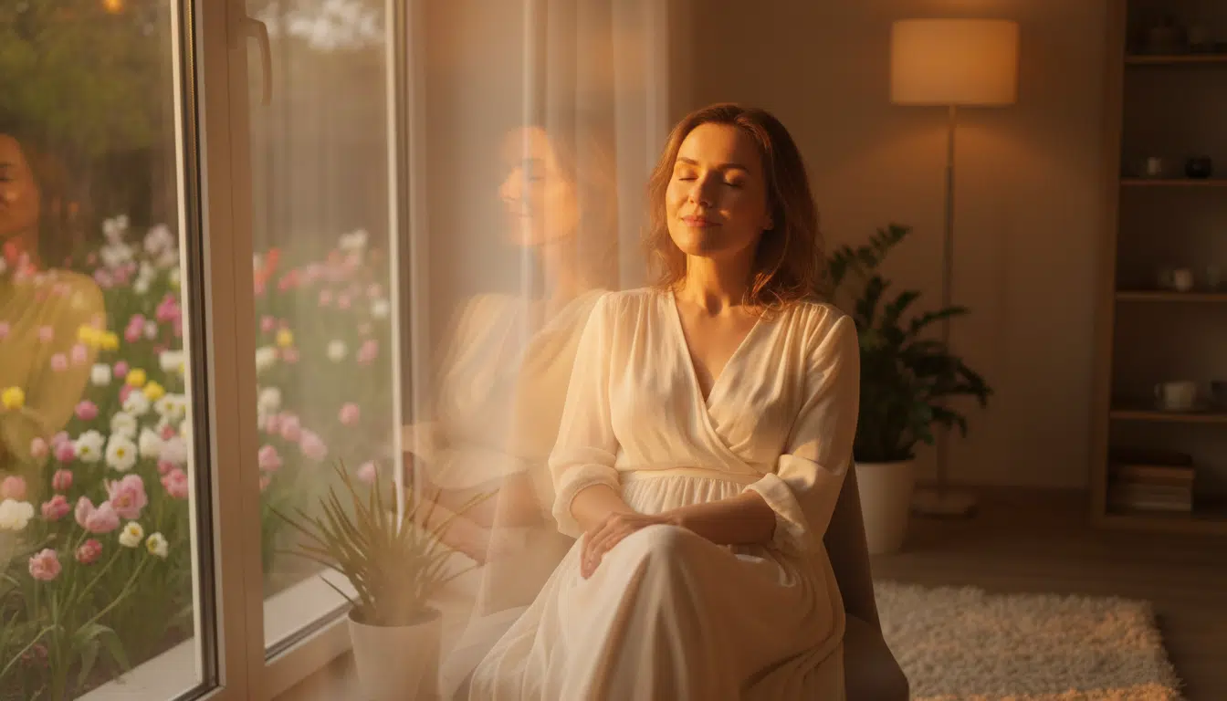 Femme sereine baignée de lumière dorée au printemps