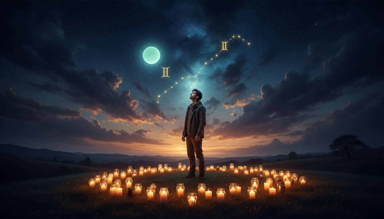 Homme observant un ciel étoilé mystique au crépuscule