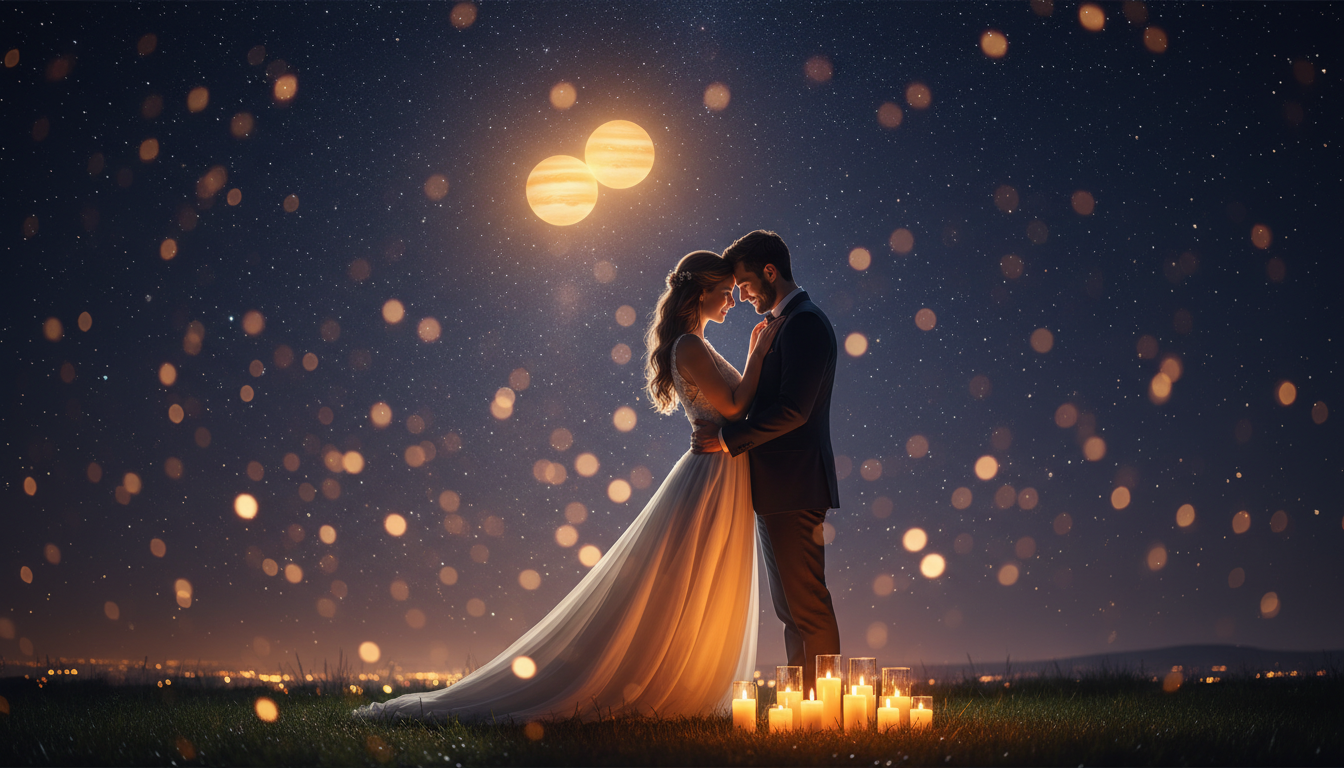 Couple enlacé sous un ciel avec Vénus et Jupiter