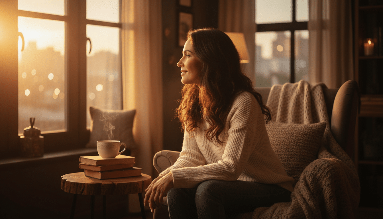 Femme souriante dans une lumière dorée près d'une fenêtre