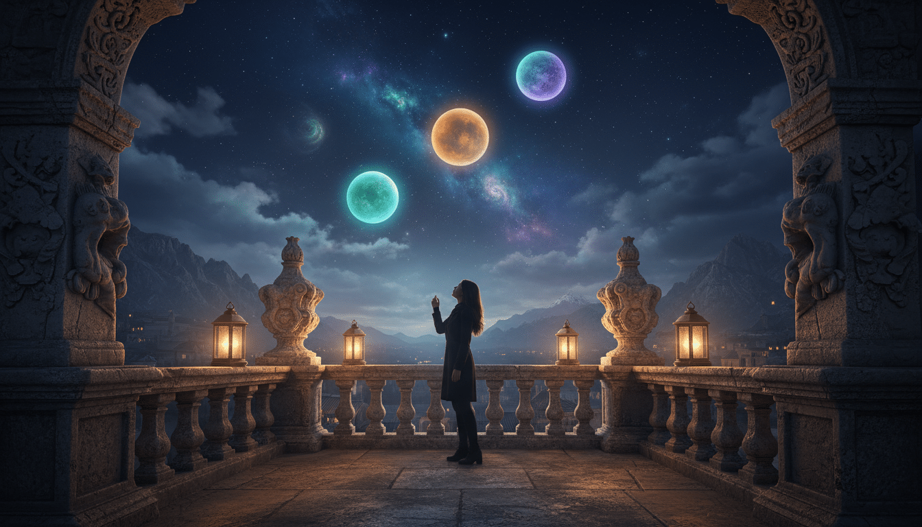 Trois planètes alignées dans un ciel étoilé mystique