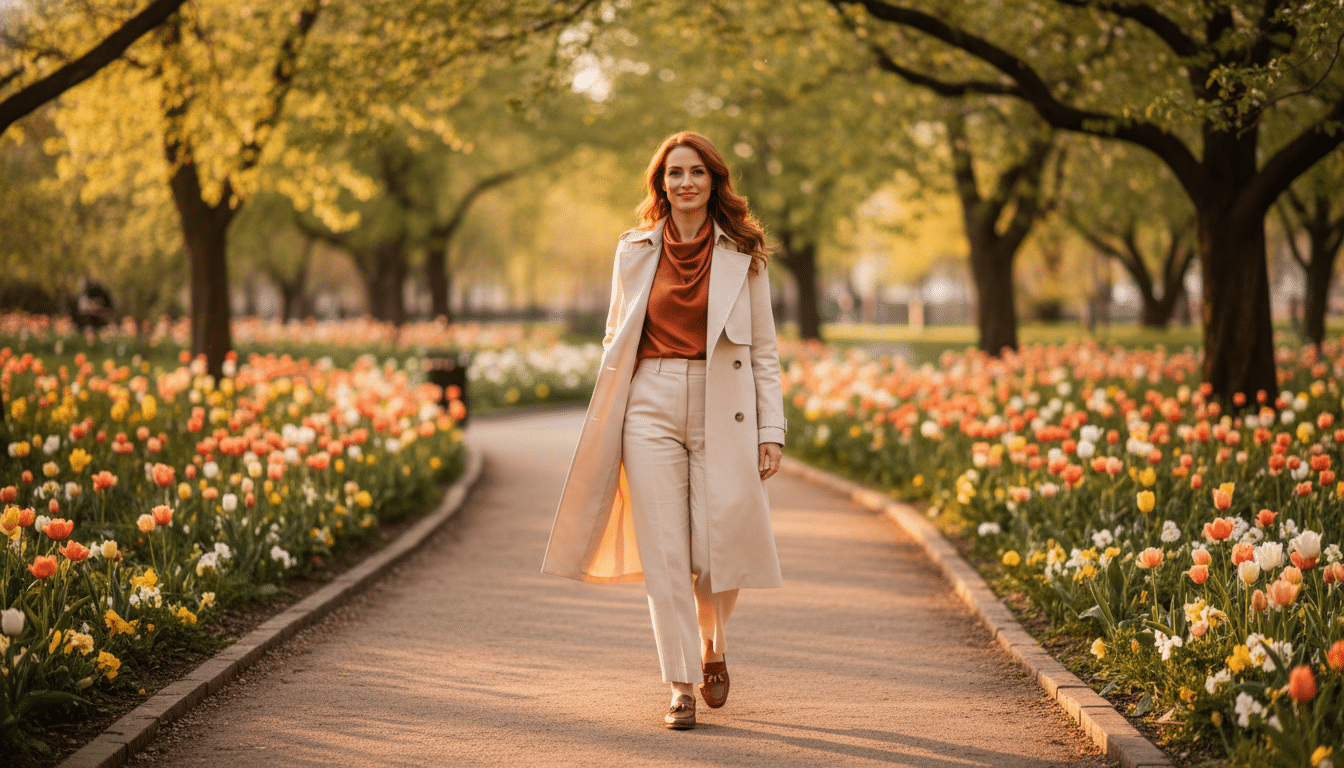 Femme confiante marchant dans un parc ensoleillé au printemps