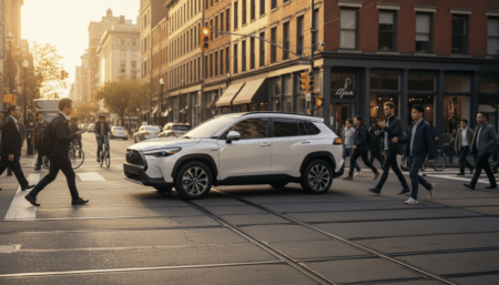 Toyota Corolla Cross hybride roulant près de piétons en ville