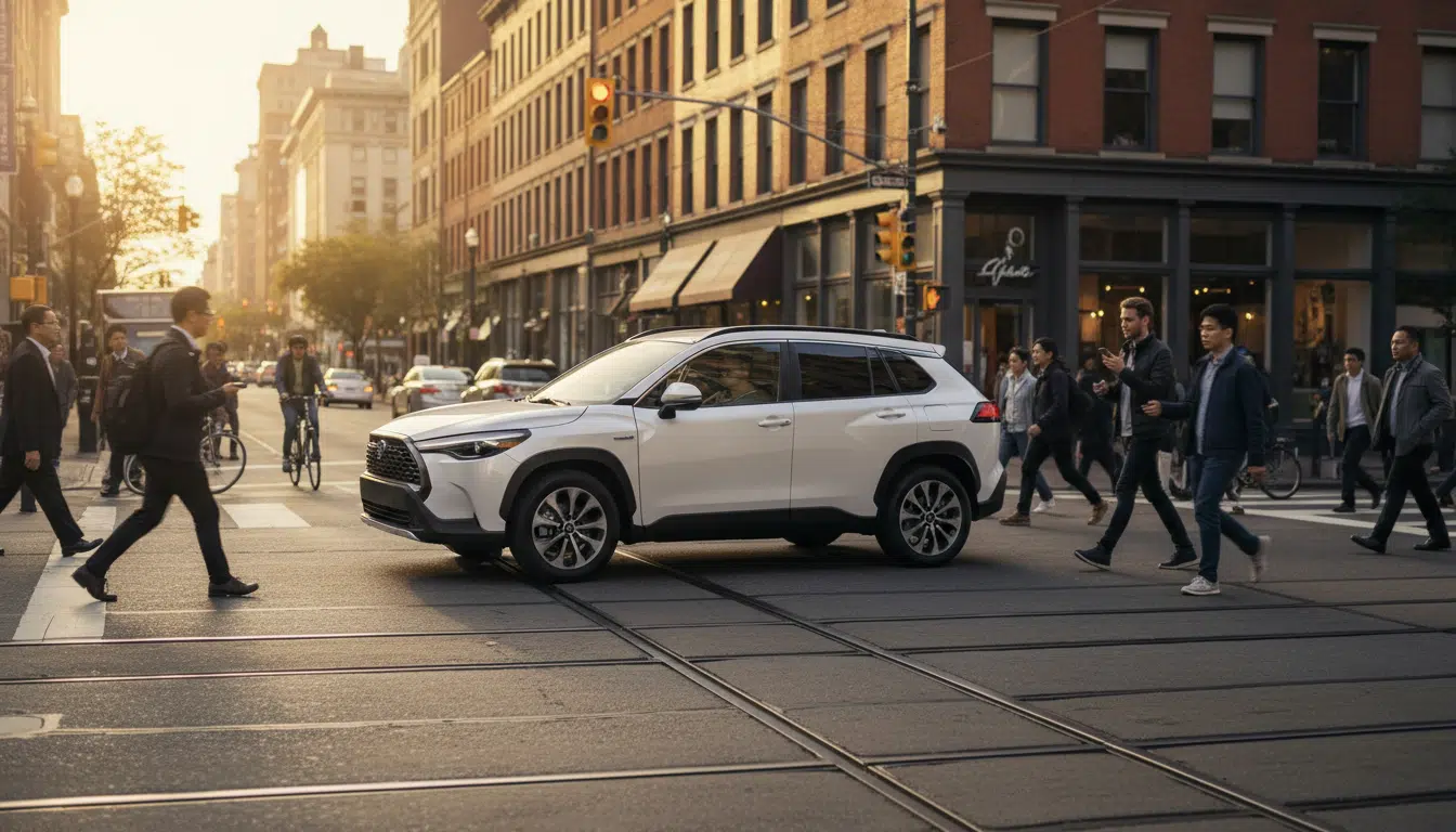 Toyota Corolla Cross hybride roulant près de piétons en ville