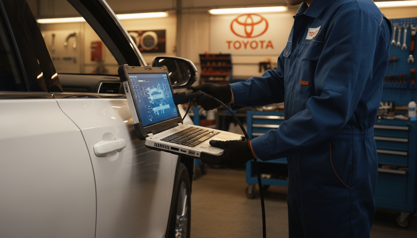 Mécanicien effectuant une mise à jour logicielle sur un SUV Toyota