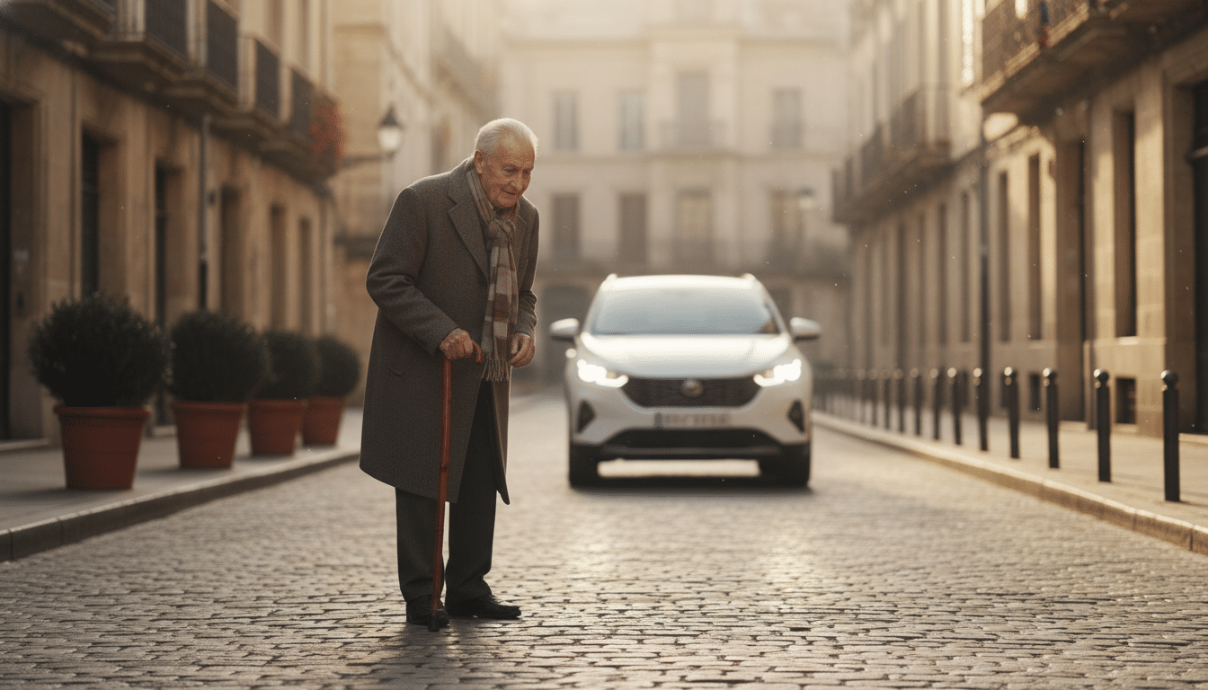 Piéton traversant une rue avec un SUV hybride en approche