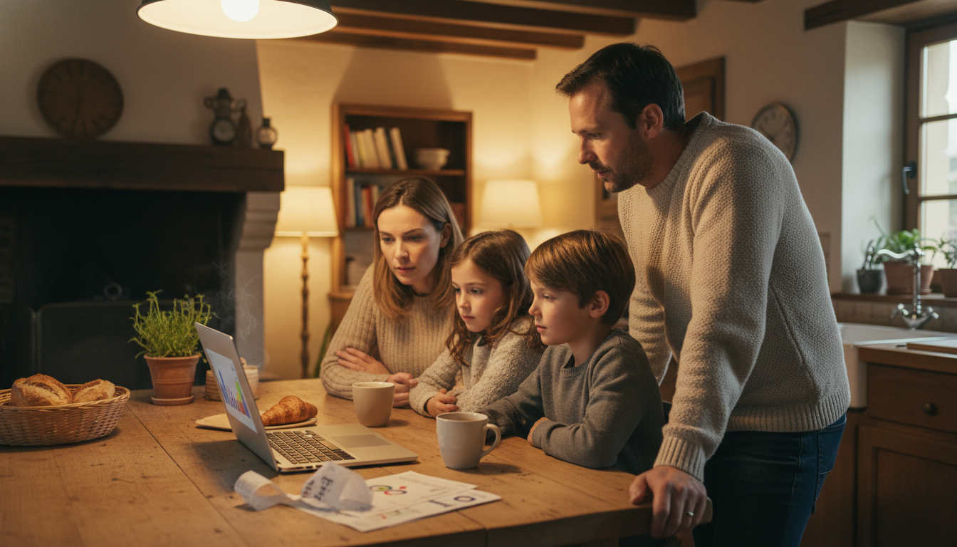 Famille comparant ses factures énergie et carburant