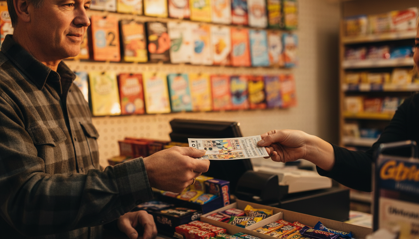 Homme achetant un ticket à gratter dans une supérette
