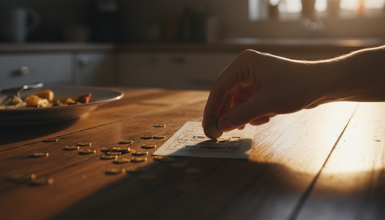 Ticket à gratter en cours de grattage sur une table