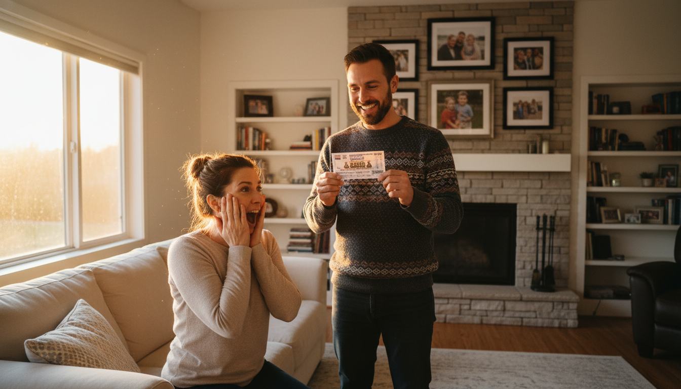 Couple incrédule découvrant un ticket gagnant