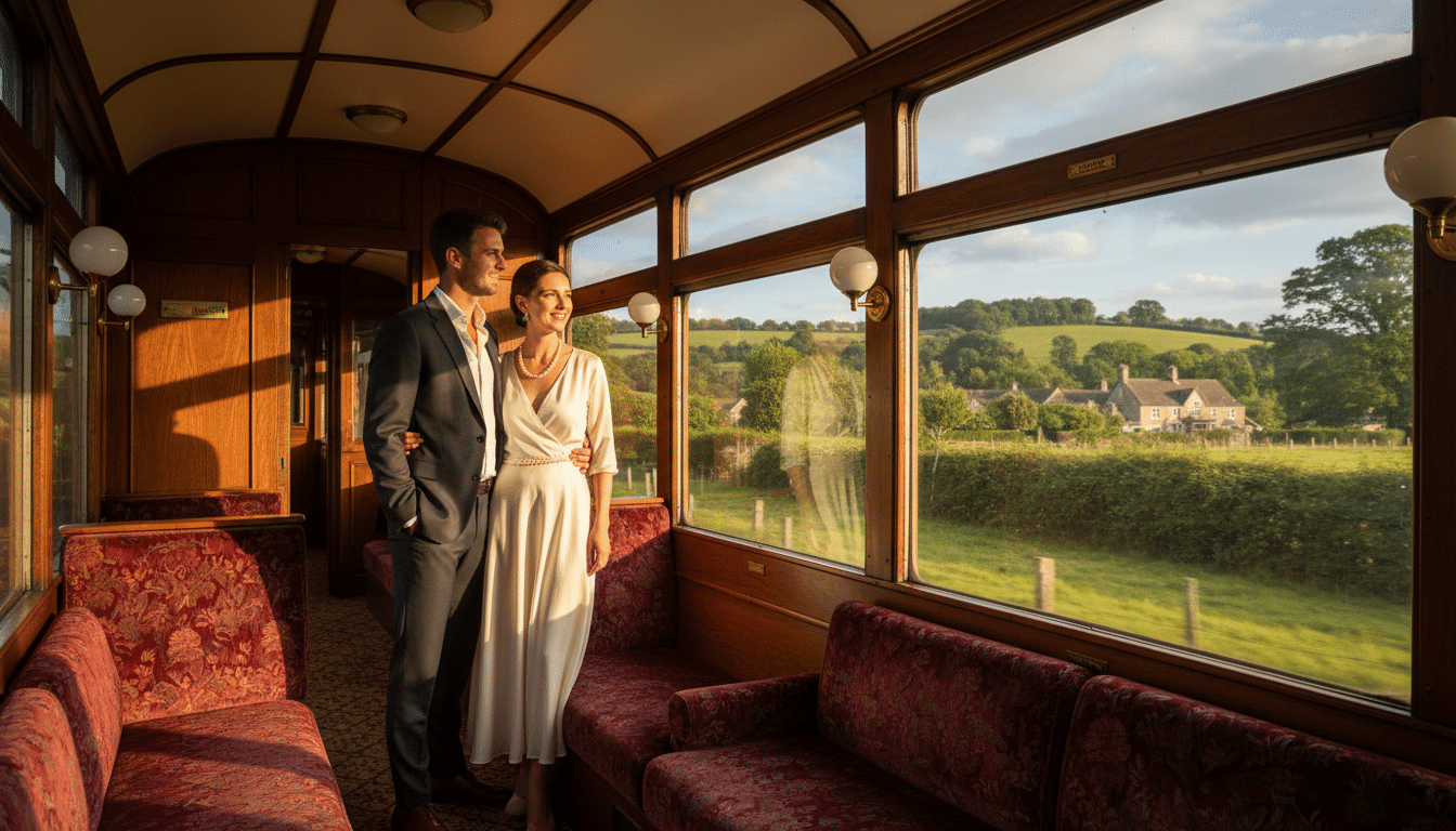 Couple admirant le paysage britannique depuis le train de verre Belmond