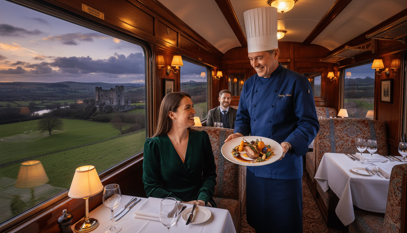 Chef étoilé servant un plat dans le wagon-restaurant du train