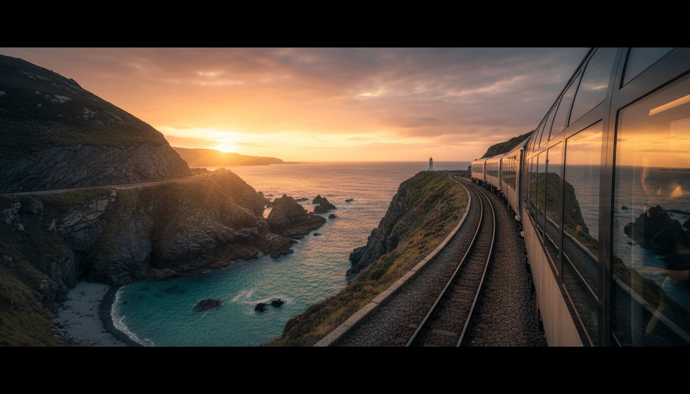Extérieur du train de verre Belmond longeant les falaises britanniques