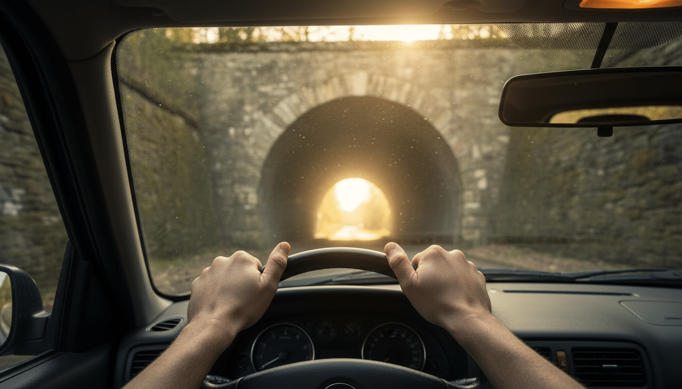 Mains crispées sur volant devant tunnel étroit