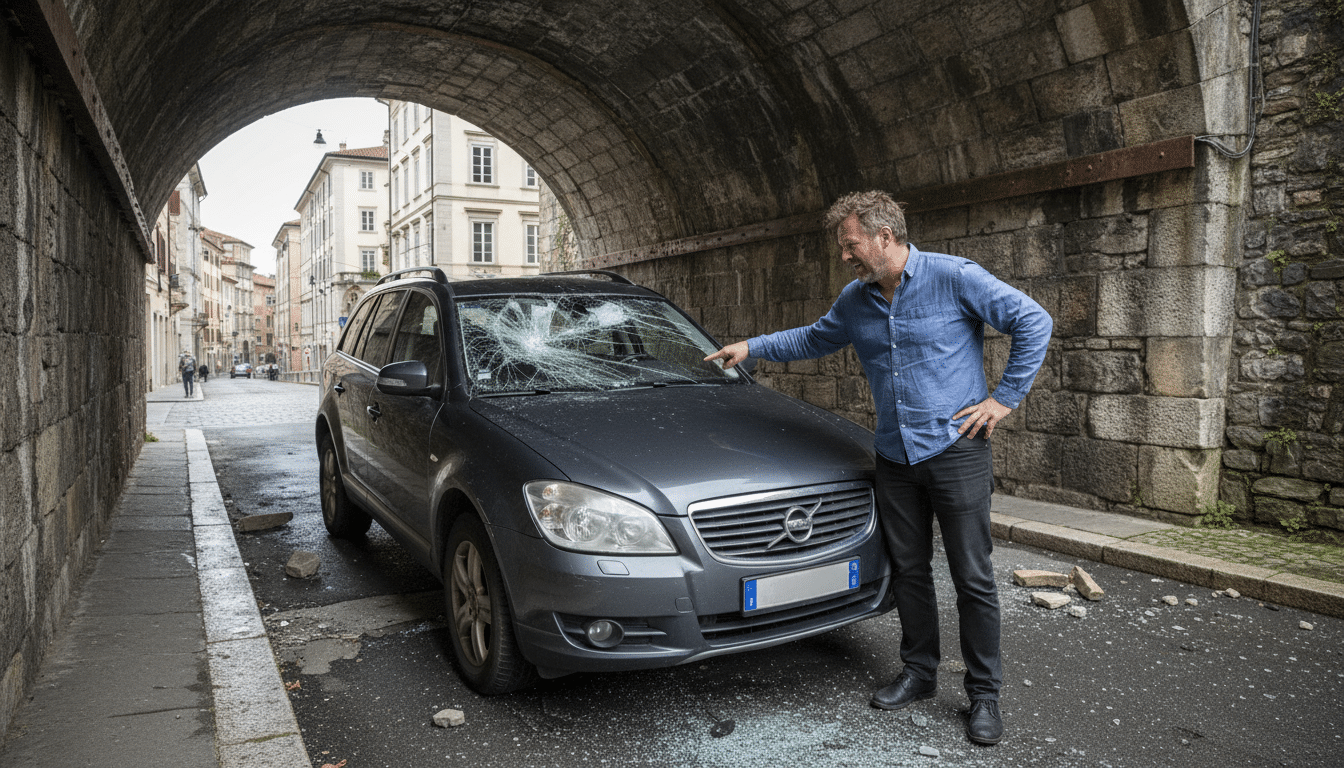 Homme inspecte toit rayé de son SUV