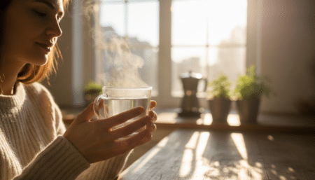 Personne tenant un verre d'eau chaude fumante le matin