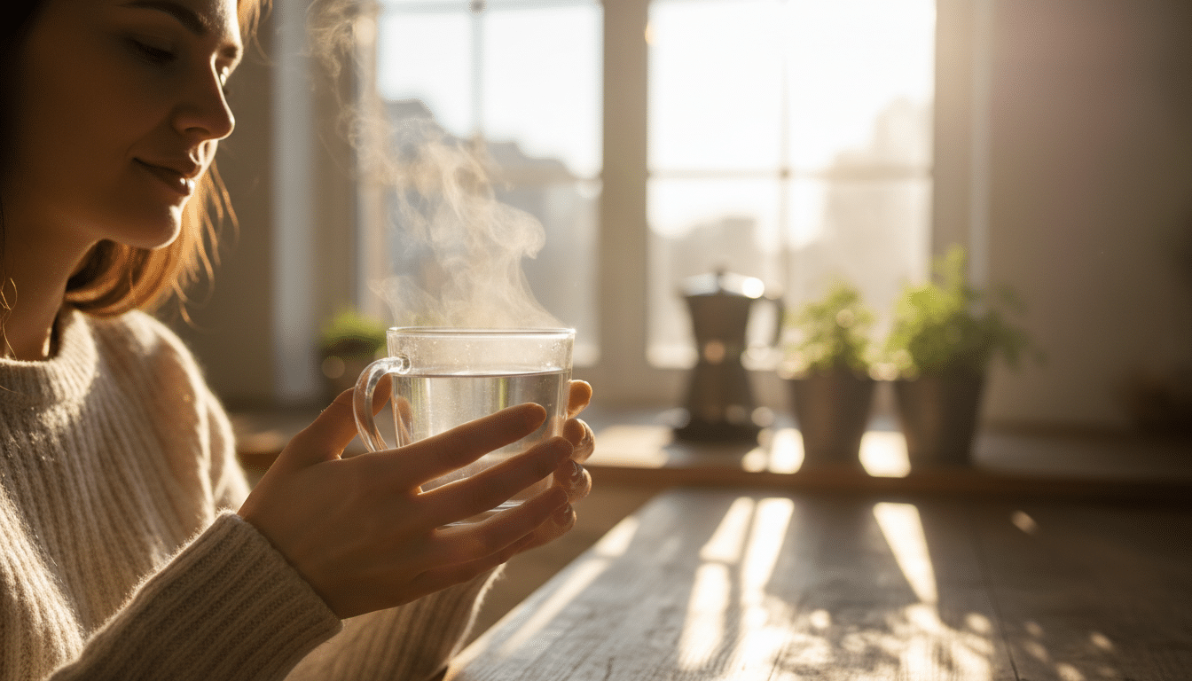 Personne tenant un verre d'eau chaude fumante le matin