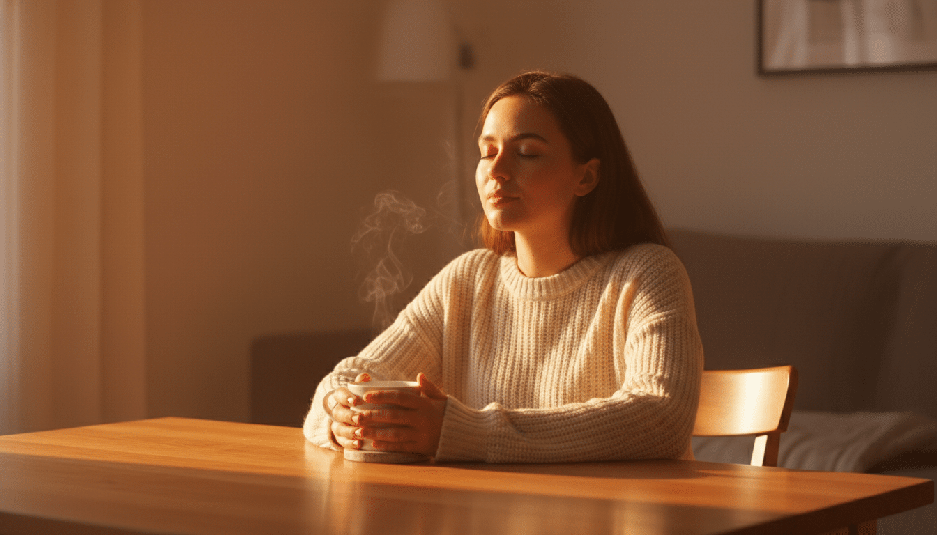Femme se relaxant avec une boisson chaude au réveil