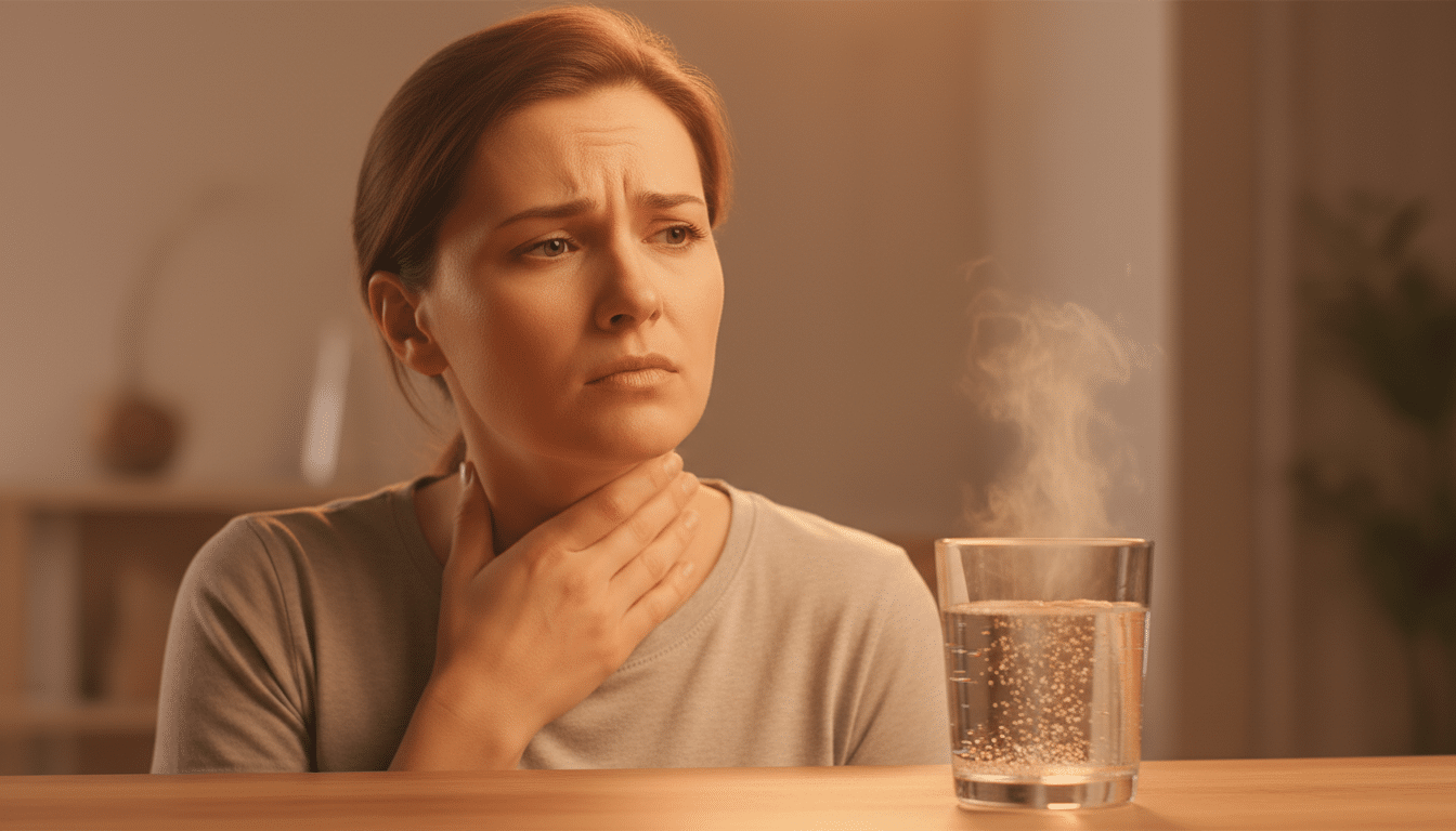 Personne préoccupée touchant sa gorge devant un verre d'eau brûlante