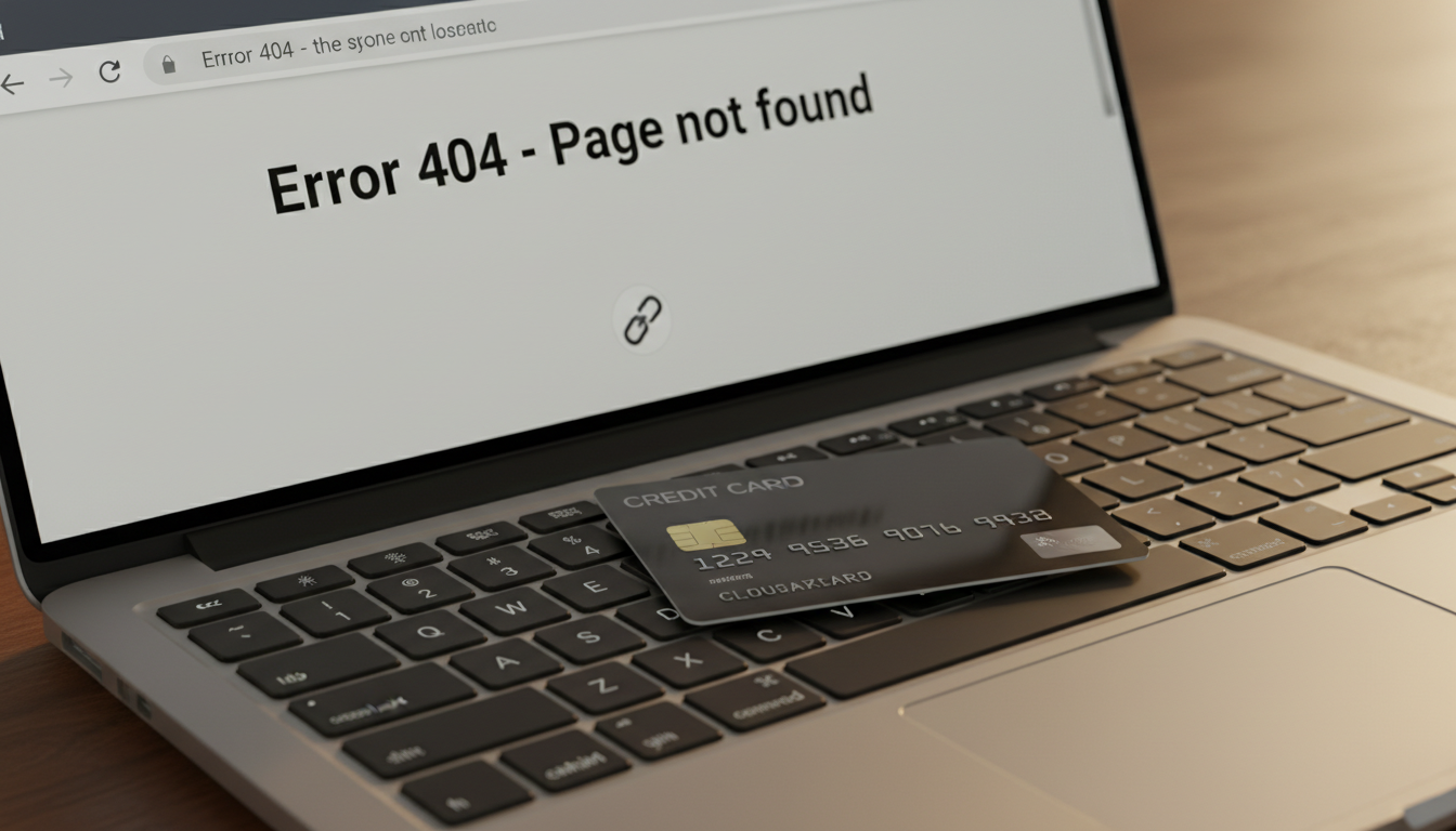 Carte bancaire posée à côté d'un clavier d'ordinateur affichant une page d'erreur 404, illustrant une arnaque en ligne à la billetterie