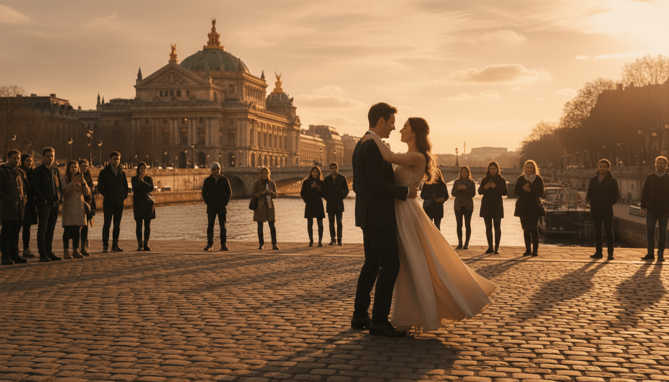 Couple dansant dans les rues de Paris au coucher du soleil