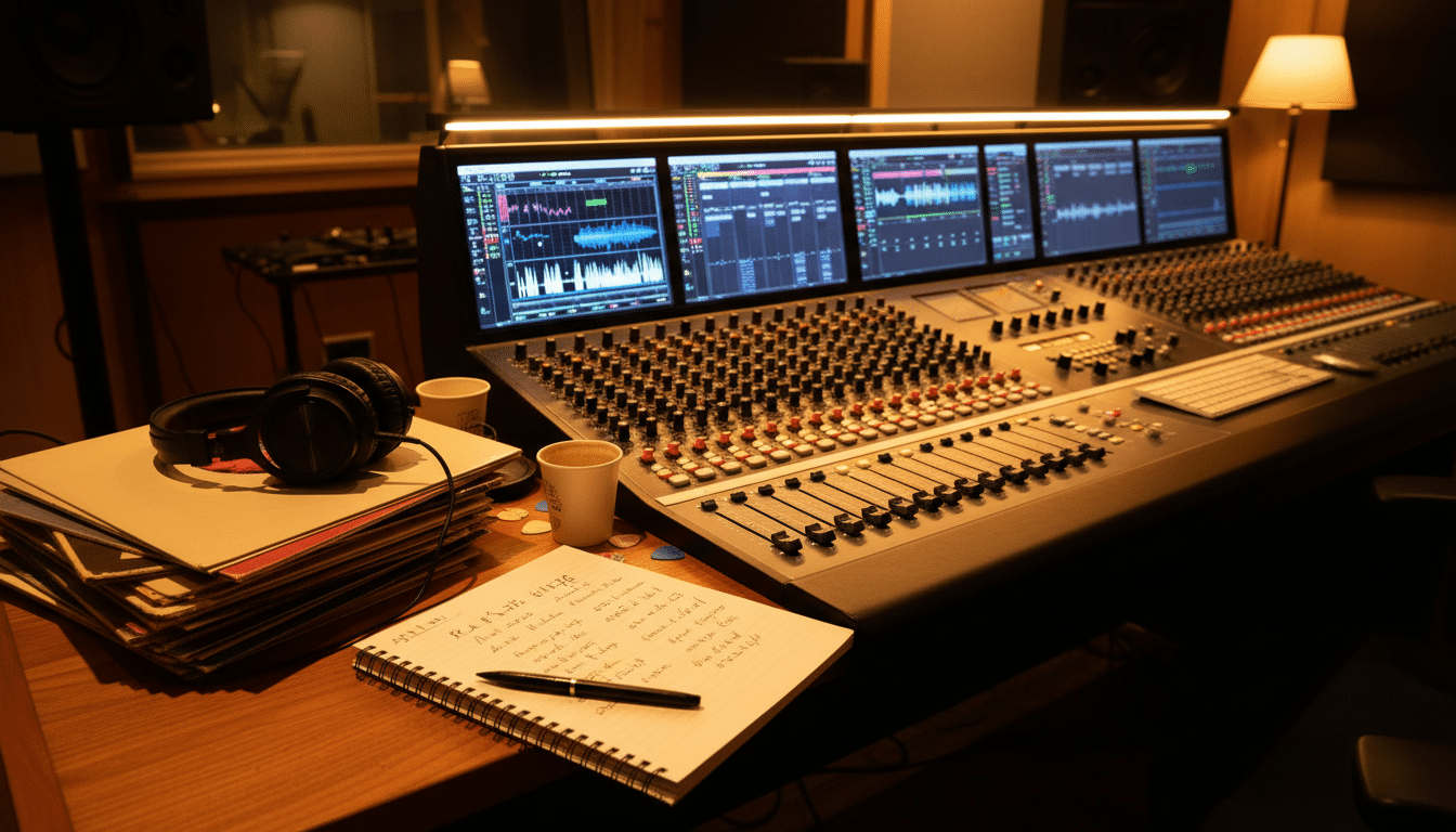 Console de studio avec paroles manuscrites pour un nouvel album