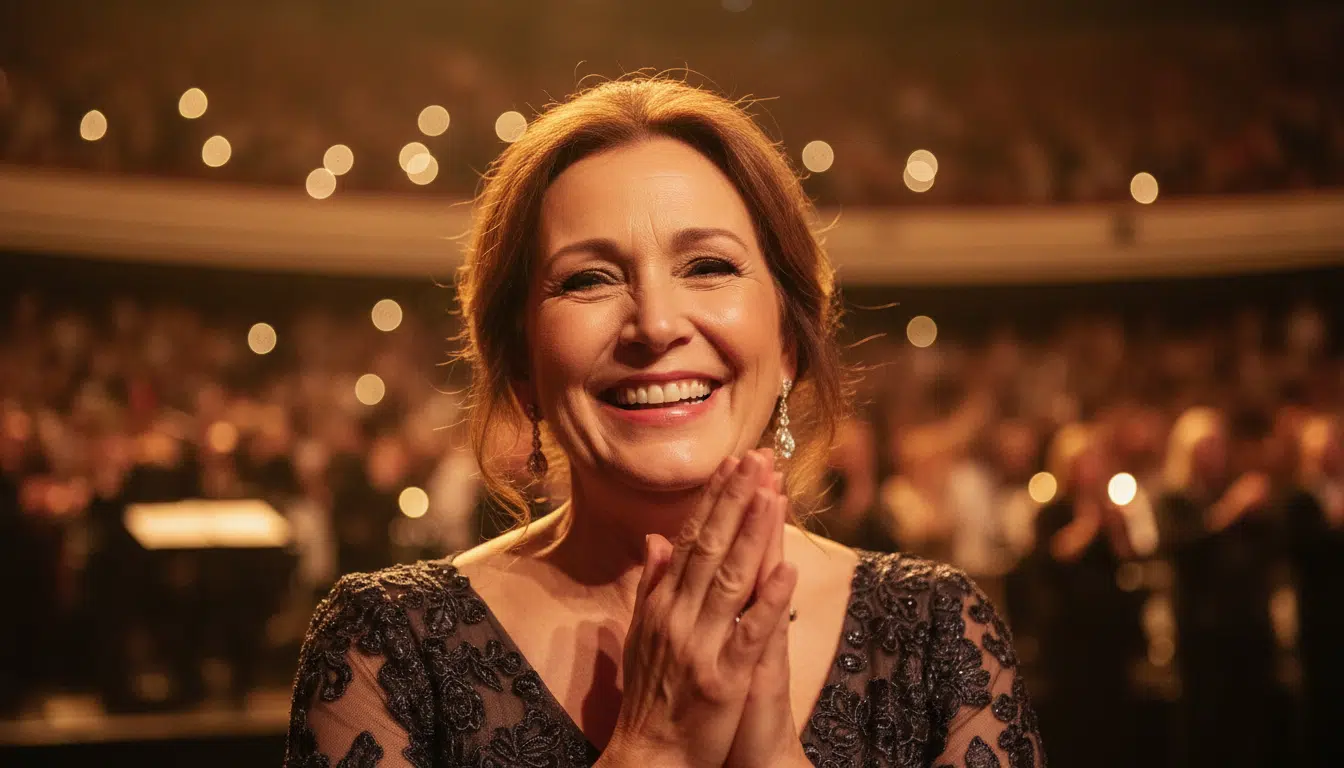 Femme souriante émue sous lumière dorée de scène