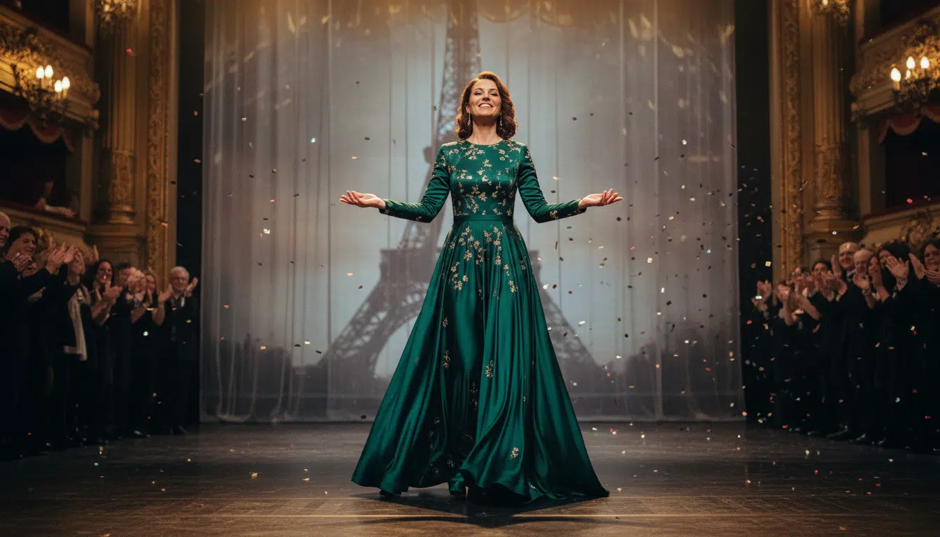 Chanteuse sur scène parisienne sous les projecteurs