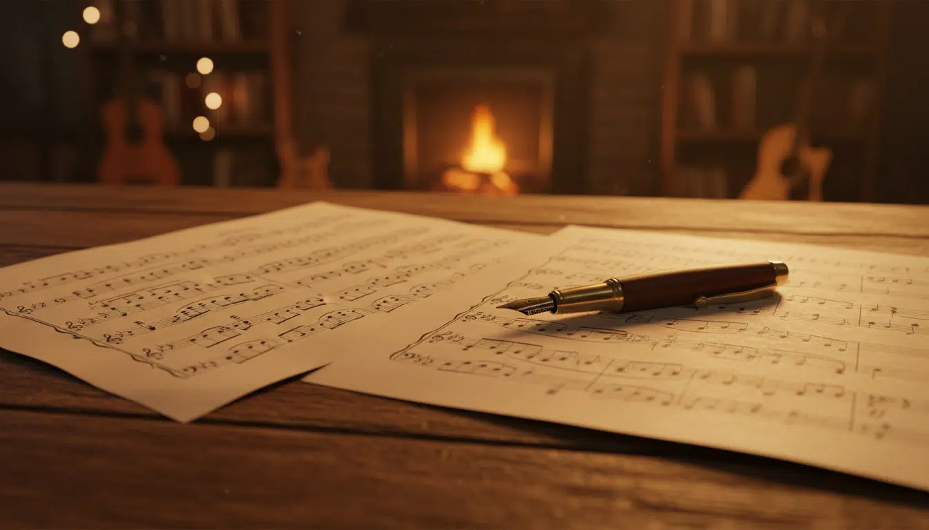 Partition manuscrite et stylo sur table en bois