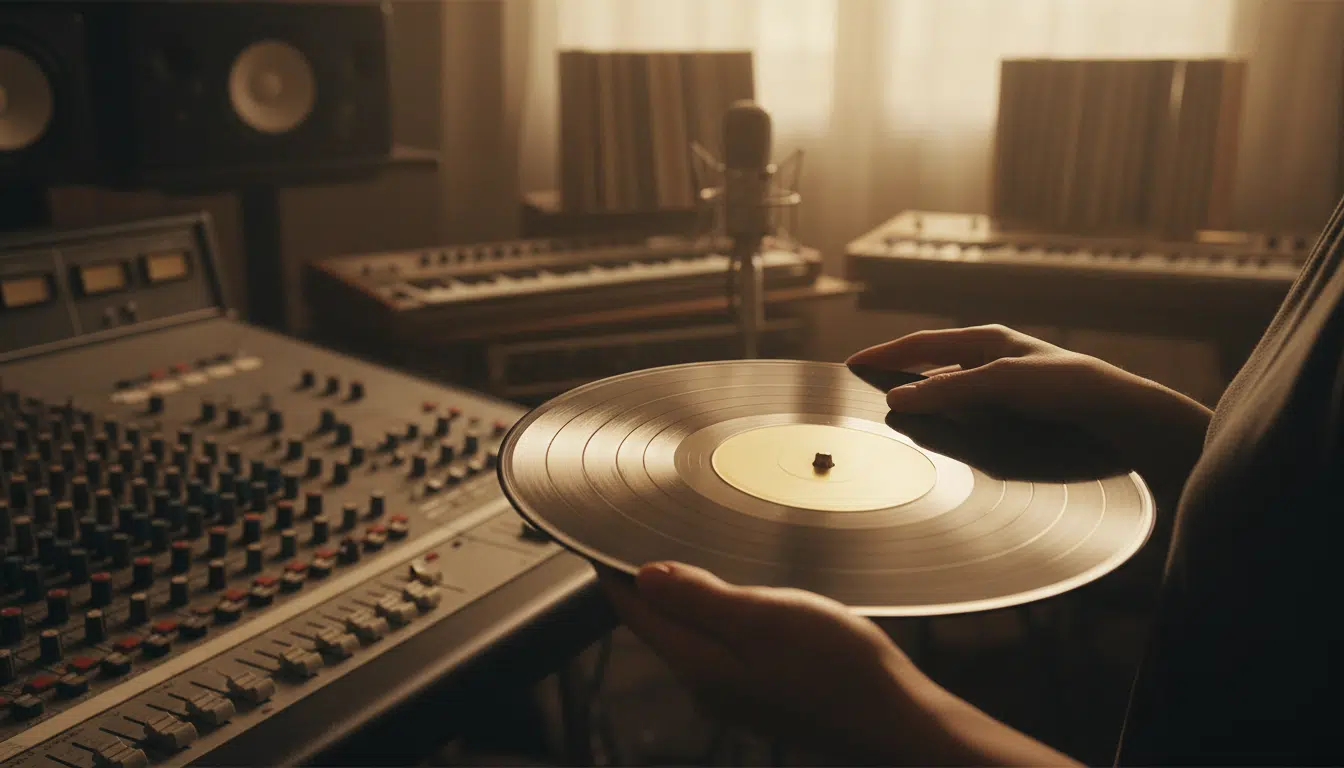 Mains tenant un vinyle doré en studio