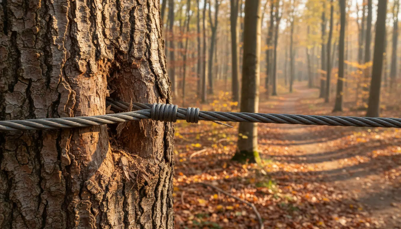 Fil d'acier attaché à un arbre en forêt