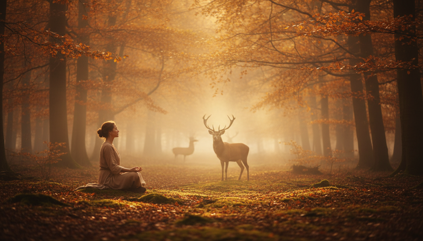 Personne méditant dans une forêt avec un cerf