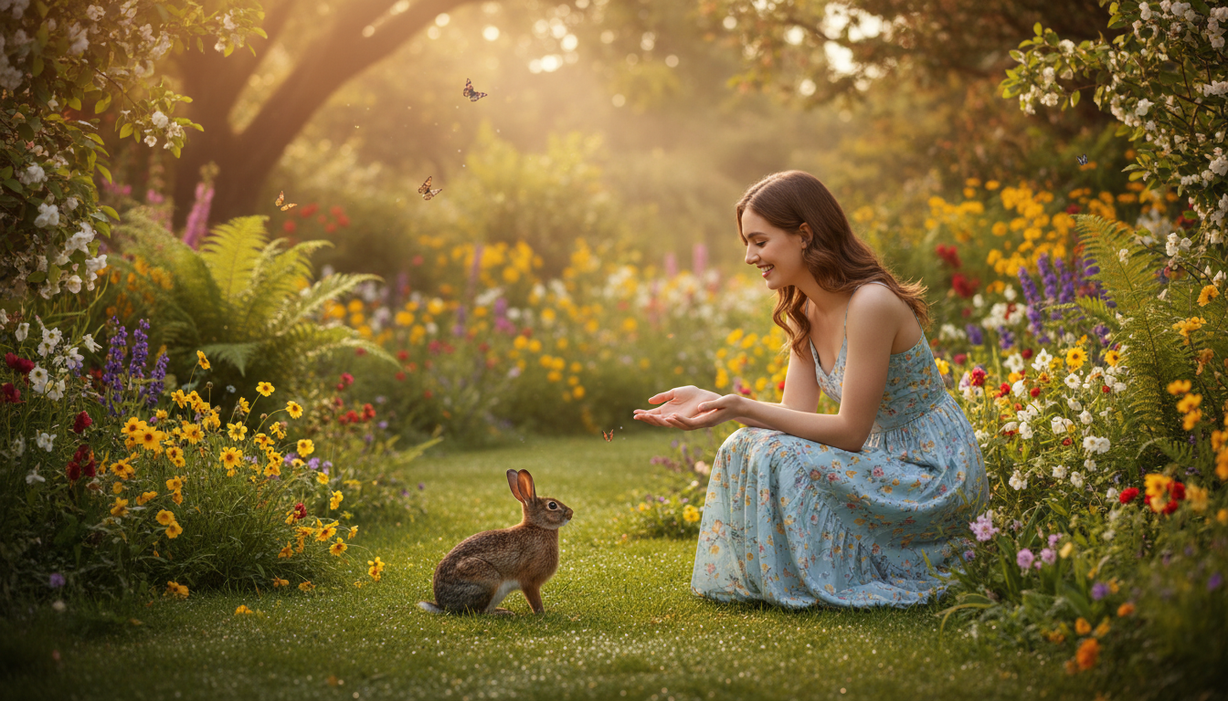 Femme dans un jardin printanier avec un lapin