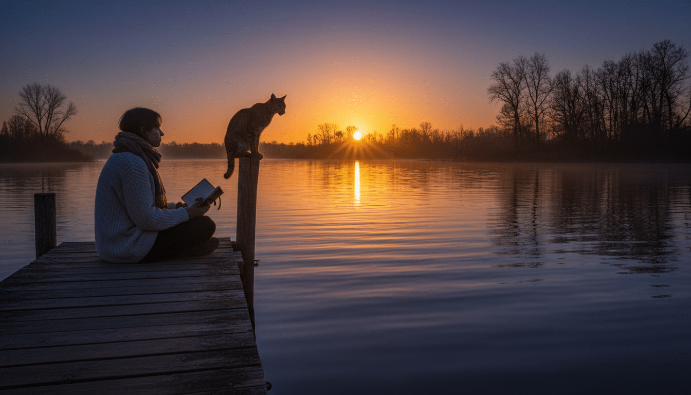 Personne au bord d'un lac avec un chat sauvage