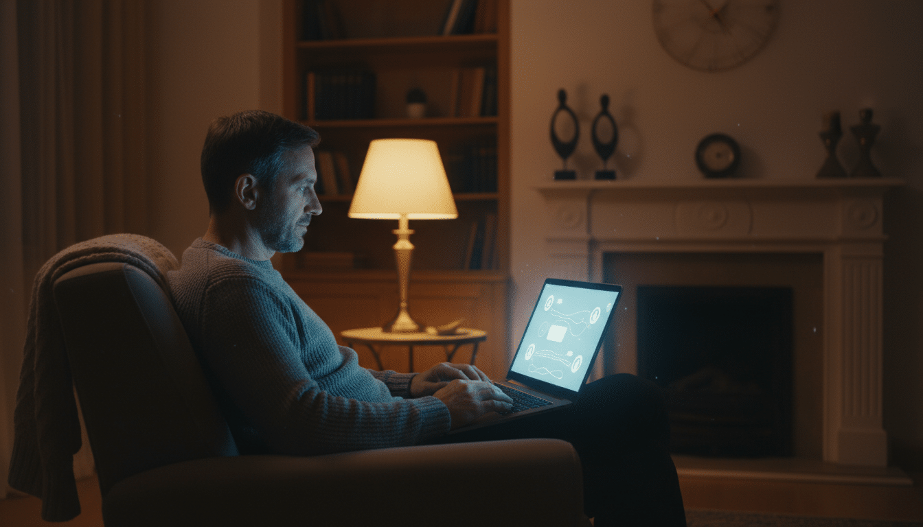 Homme seul discutant avec une IA la nuit