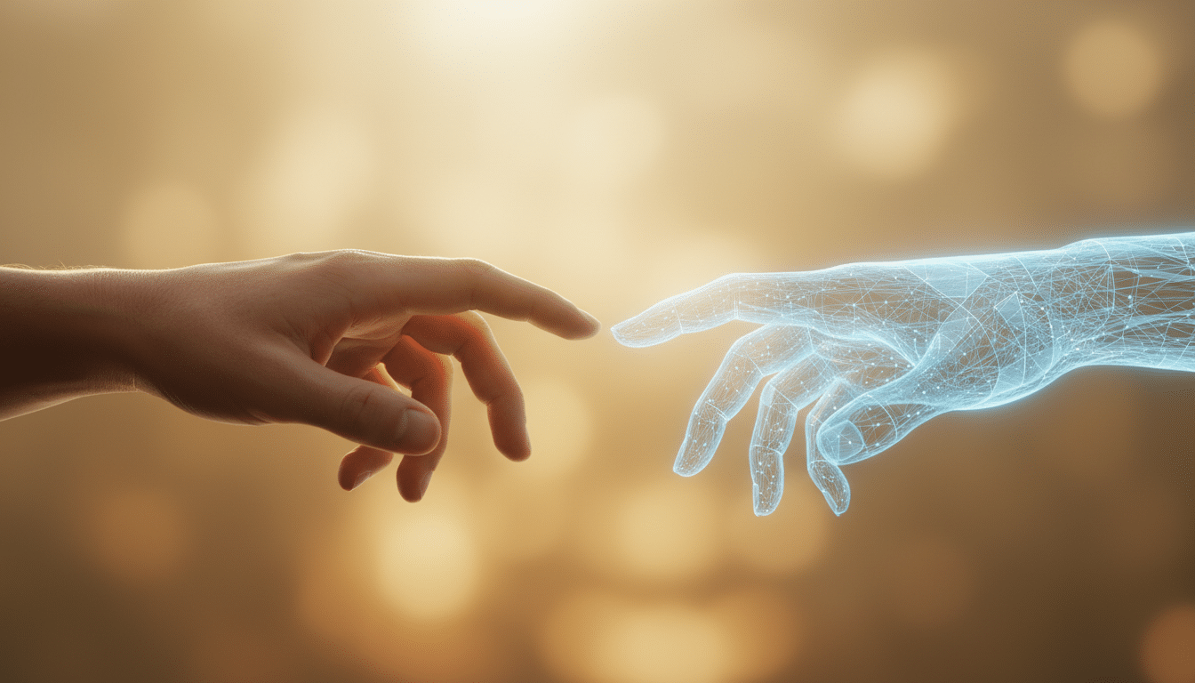 Main humaine et main holographique presque en contact