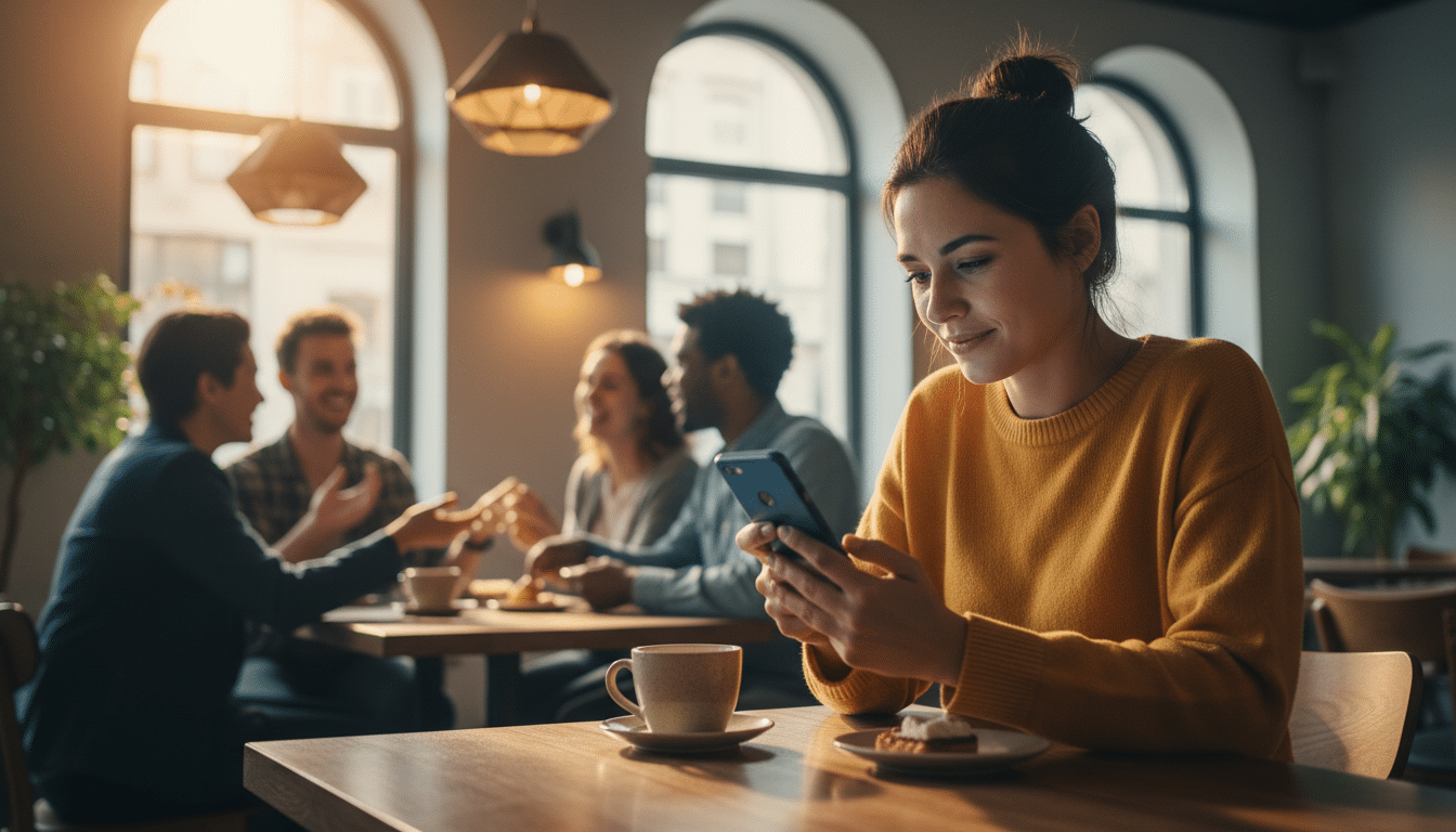 Jeune femme absorbée par son téléphone dans un café animé