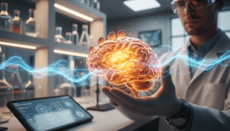 Cerveau humain entouré d'ondes de prédiction lumineuses