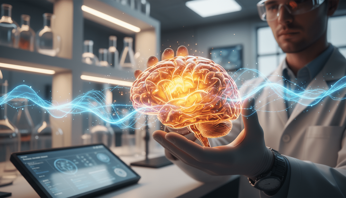 Cerveau humain entouré d'ondes de prédiction lumineuses