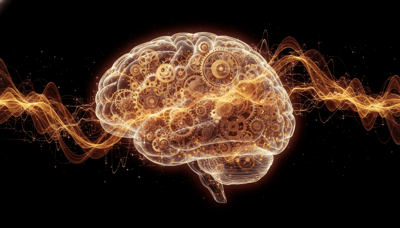 Cerveau humain entrelacé d'engrenages d'horloge lumineux